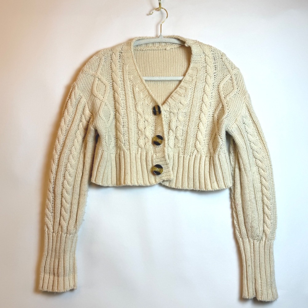 SHEIN Cream Cable Knit Cropped Cardigan Button Front Long Sleeve Women's